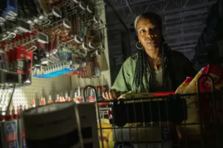 A scene from the TV show Earth Abides, featuring Jessica Frances Dukes in a dimly lit store aisle, pushing a cart filled with supplies against a backdrop of shelves.