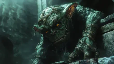 A detailed goblin with glowing yellow eyes emerges from shadows, set against a fantastical background. This 4K Ultra HD image captures the essence of goblincore in stunning clarity.