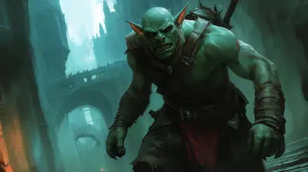 A fierce goblin stands in a mysterious, shadowy landscape, embodying the essence of goblincore in a striking 4K Ultra HD fantasy wallpaper.