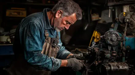 A focused mechanic works meticulously on machinery, showcasing skill and dedication. This 4K Ultra HD image serves as a striking desktop wallpaper and background.