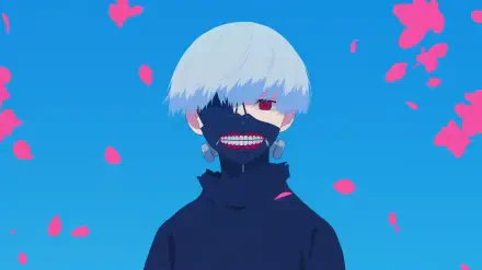 Anime-themed HD desktop wallpaper featuring Ken Kaneki from Tokyo Ghoul, showcasing vibrant blue tones and pink petals, capturing the character's intriguing duality.