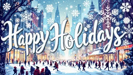 A festive winter scene featuring Happy Holidays amidst a bustling snowy city street, perfect for a vibrant 4K Ultra HD desktop background.
