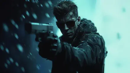 A gritty mercenary in sunglasses aims a gun, surrounded by a snowy, atmospheric backdrop. This striking image serves as a 4K Ultra HD PC desktop wallpaper.