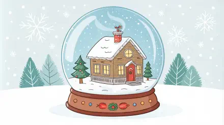 A charming snow globe featuring a cozy house with a chimney, surrounded by snowflakes and evergreens, designed as a 4K Ultra HD PC desktop wallpaper and background.