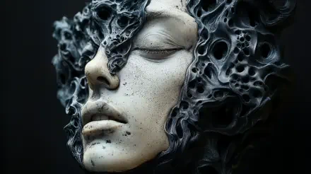 A futuristic synthoid with an intricately detailed face merges with organic, alien-like textures, creating a captivating sci-fi aesthetic in this 4K Ultra HD desktop wallpaper.