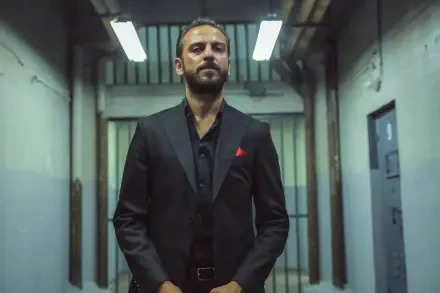 A dramatic scene from the TV show The Pit, featuring a man in a sleek black suit standing confidently in a dimly lit corridor, captured in stunning 4K Ultra HD.