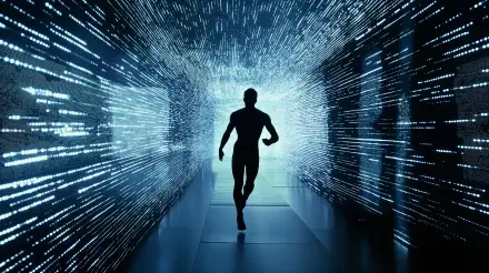 A silhouette of a data runner sprinting through a futuristic digital corridor, with streams of light and data creating a dynamic sci-fi atmosphere. 4K Ultra HD desktop wallpaper.