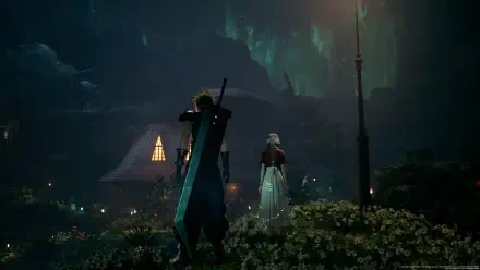 A scene from Final Fantasy VII Remake, featuring a character with a large sword standing in a flower-filled landscape, while another character gazes into the distance under a glowing sky.
