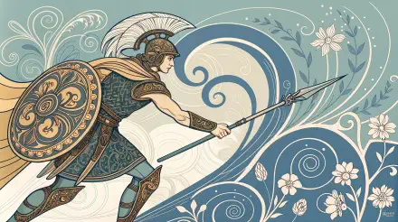 A detailed illustration of a gladiator wielding a spear, adorned in ornate armor, set against a flowing backdrop of swirling patterns and floral motifs. 4K Ultra HD desktop wallpaper.