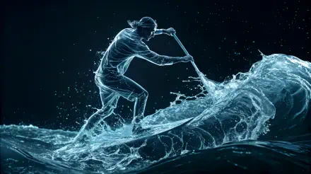 A dynamic 4K Ultra HD wallpaper featuring a figure paddling through a powerful wave, surrounded by splashing water and dramatic lighting, showcasing fluid movement and energy.