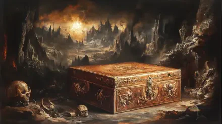 A mysterious Pandora's Box sits amid a dark, haunting landscape filled with skulls and rocky formations, set against a dramatic sunset, making for a captivating HD desktop wallpaper.