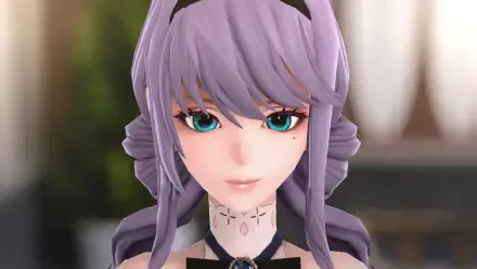 A close-up of a character from the video game FANTASIAN Neo Dimension, featuring striking purple hair and vibrant blue eyes, designed as an HD PC desktop wallpaper.