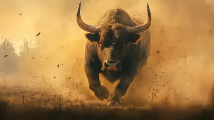 A powerful bull charges through a cloud of dust, showcasing its strength and movement. This striking image serves as an impressive HD desktop wallpaper and background.