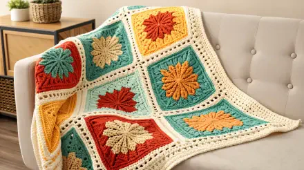 A beautifully crafted crochet blanket featuring vibrant floral squares in warm colors, displayed elegantly on a light sofa, serving as a 4K Ultra HD desktop wallpaper.