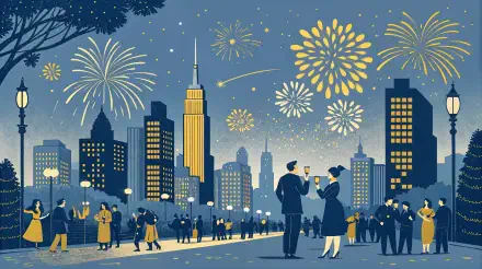 A vibrant New Year's Eve scene features fireworks lighting up a city skyline, with couples celebrating amidst a festive crowd, captured in stunning 4K Ultra HD detail.