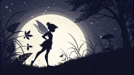 A silhouette of Tinker Bell stands gracefully against a full moon, surrounded by foliage and stars, creating a magical night scene. 4K Ultra HD desktop wallpaper and background.