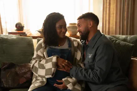 A tender moment between two characters in No Good Deed (2024), showcasing Teyonah Parris in a cozy 4K Ultra HD scene filled with warmth and intimacy.