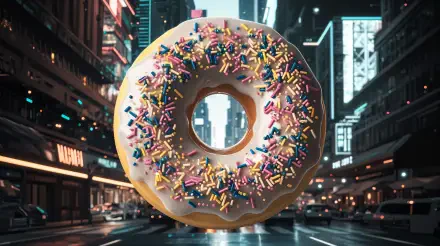 A vibrant doughnut adorned with colorful sprinkles, set against a bustling city street backdrop, showcased in stunning 4K Ultra HD resolution.