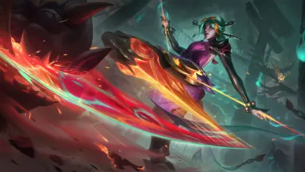 An 8K Ultra HD wallpaper featuring Camille from League of Legends, showcasing her dynamic pose and vibrant weaponry against a mystical background.