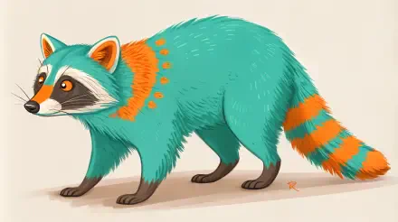 A vibrant, stylized raccoon with teal fur and orange accents walks across a light background, showcased as a 4K Ultra HD PC desktop wallpaper and background.
