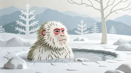 A snow monkey relaxes in a tranquil hot spring surrounded by a snowy landscape, depicted in a charming 4K Ultra HD illustration, perfect for a desktop wallpaper.