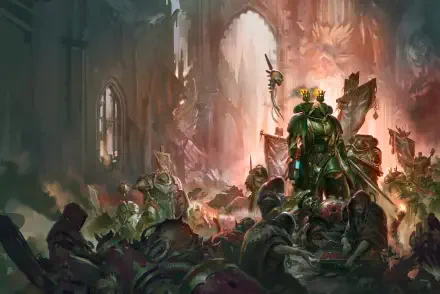 A dramatic HD wallpaper featuring Dark Angels from Warhammer 40k, showcasing a fierce battle scene with detailed backgrounds and intricate character designs.