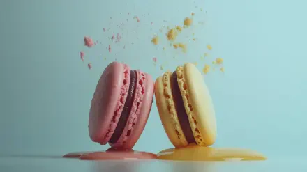 Two vibrant pink and yellow macarons are positioned side by side, with colorful crumbs scattered around, creating a visually appealing food scene for a HD PC desktop wallpaper.
