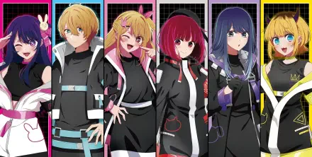 HD anime desktop wallpaper featuring the main characters from Oshi no Ko, showcasing vibrant colors and dynamic poses against a grid-patterned background.