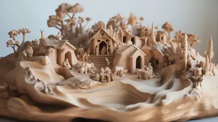 A detailed wooden nativity scene intricately carved, showcasing various figures and structures amidst a scenic landscape. This 4K Ultra HD image serves as a captivating desktop wallpaper.