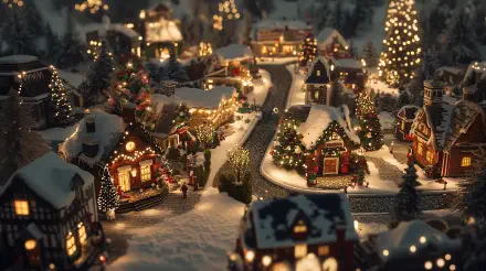 A charming Christmas village scene bathed in soft lights, featuring snow-covered rooftops, decorated trees, and a winding road, captured in stunning 4K Ultra HD quality.