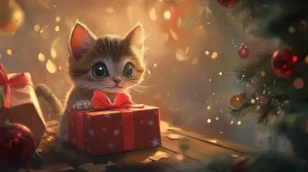 A cute cat gazes at a wrapped Christmas gift, surrounded by festive decorations and a softly glowing ambiance, creating a heartwarming holiday scene. 4K Ultra HD wallpapers capture this joyful moment.