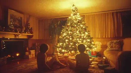 A warm vintage Christmas scene featuring two children sitting by a beautifully lit tree, surrounded by gifts, creating a nostalgic holiday atmosphere. 4K Ultra HD wallpaper.