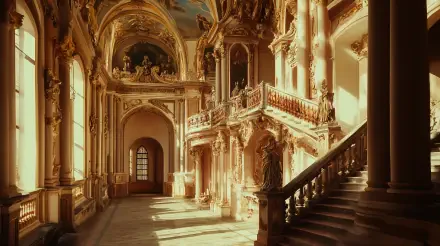 A stunning baroque interior featuring ornate architecture, elaborate sculptures, and grand staircases, captured in vibrant 4K Ultra HD, perfect for a desktop wallpaper.