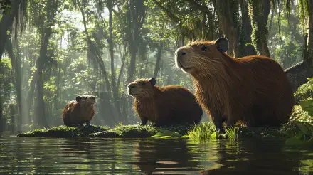 A serene scene featuring three capybaras near a tranquil water body, surrounded by lush greenery, captured in stunning 4K Ultra HD quality for a captivating desktop background.