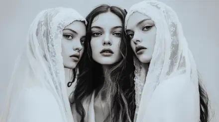 A striking 4K Ultra HD wallpaper featuring three women in elegant white veils, embodying themes of sisterhood and unity through their captivating expressions.