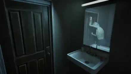 A dimly lit bathroom scene from the video game The Cabin Factory, featuring a sink and a door, with a figure visible in the mirror, all rendered in 4K Ultra HD quality.