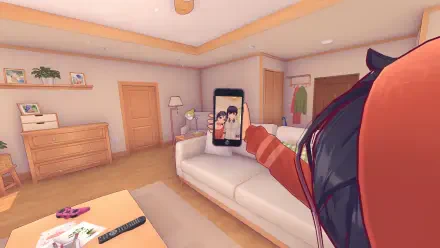 A cozy living room scene featuring a character holding a smartphone displaying a photo, set against a backdrop of a comfortable sofa and warm interior details. HD wallpaper from the video game MiSide.