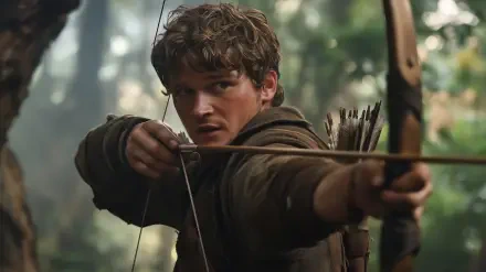 A focused archer, embodying Robin Hood, aims his bow in a lush forest setting. This HD wallpaper captures a moment of determination and skill in the outdoors.