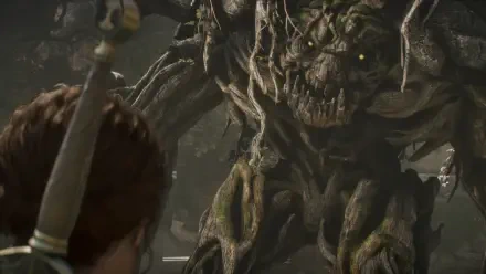 A dramatic scene from the video game Fable (2025), featuring a character facing off against a menacing, tree-like creature in a dark, immersive environment. HD desktop wallpaper.