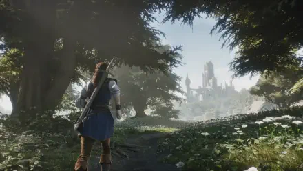 A character walks through a lush forest path, framed by tall trees, leading towards a distant castle in this HD wallpaper for the video game Fable (2025).