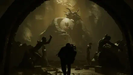 A character stands in a shadowy cavern, illuminated by eerie light, as ominous statues loom around. This HD wallpaper captures a scene from the video game Hell is Us.