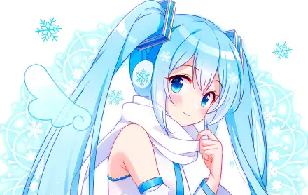 8K Ultra HD anime wallpaper featuring a cute Hatsune Miku girl with blue twin tails, wearing winter accessories, surrounded by snowflakes and soft pastel colors.