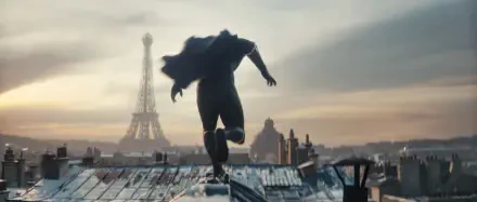 A dynamic scene from the video game MARVEL 1943: Rise of Hydra, featuring a character leaping across rooftops with the Eiffel Tower in the background, showcasing vibrant HD visuals.