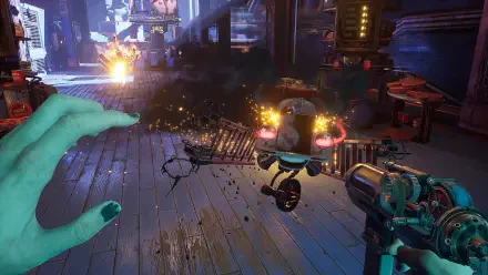 A dynamic scene from the video game Judas (2025), showcasing intense gameplay with an engaging hand gesture and futuristic elements in a vibrant, detailed environment.