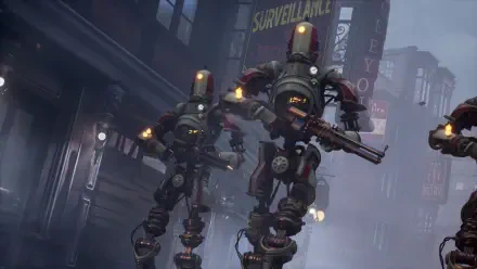 A dynamic scene from the video game Clockwork Revolution, featuring imposing robots in a misty, urban environment, captured in stunning 4K Ultra HD.