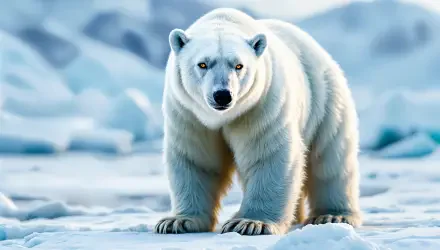 A striking polar bear stands confidently on icy terrain, captured in stunning 4K Ultra HD quality, making it a captivating desktop wallpaper and background.