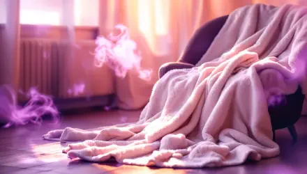 Soft cozy blanket draped over a chair in a warmly lit interior with sunlight streaming through the window, captured in stunning 4K Ultra HD quality.