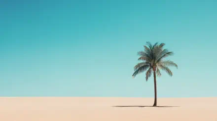 A minimalist holiday scene featuring a single palm tree against a clear blue sky and sandy landscape, presented as a stunning 4K Ultra HD desktop wallpaper and background.