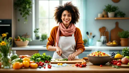 A smiling woman in an apron chops vegetables in a bright kitchen filled with fresh produce, embodying healthy eating. This vibrant image serves as a 4K Ultra HD desktop wallpaper.