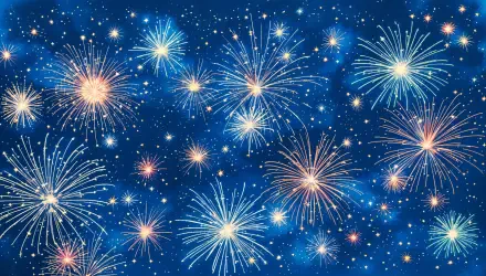 Colorful fireworks burst against a deep blue background, creating a vibrant and festive atmosphere. This stunning image serves as a 4K Ultra HD desktop wallpaper for celebrating the New Year.